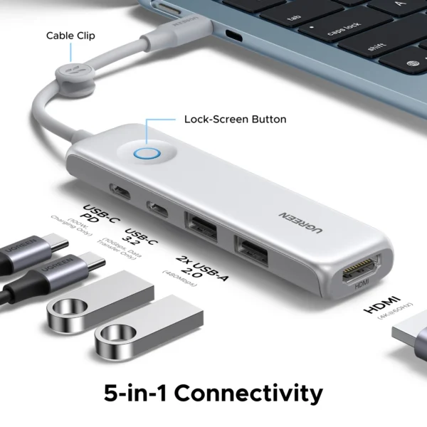 Sfb1e8cf318e24a939f766e9313363941d.webp UGREEN 5-in-1 USB HUB Type-C to 4K60Hz HDMI USB3.2 Gen2 10Gbps Data Transfer USB2.0 PD100W for Laptop MacBook Samsung HP Dell